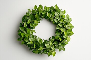 Green leaf wreath hanging on white wall for spring decoration and celebration