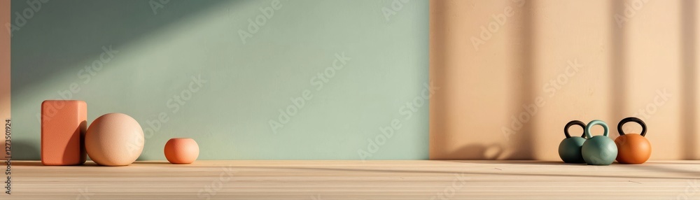Poster Geometric objects and kettlebells arranged on a wooden surface