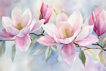 Obraz premium Pink magnolia blossoms branch, spring pastel background, nature wall art