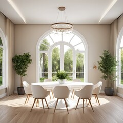 Fototapeta premium Modern Dining Room with Arched Windows and White Table