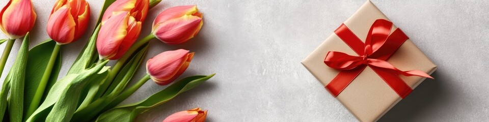 Naklejka premium A bouquet of tulips and a gift on a table, perfect for decoration or celebration