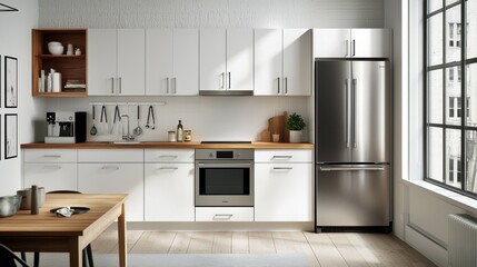 Bright modern kitchen with white cabinets, wooden countertops, and stainless steel appliances creating a clean and functional space for cooking and dining experiences.