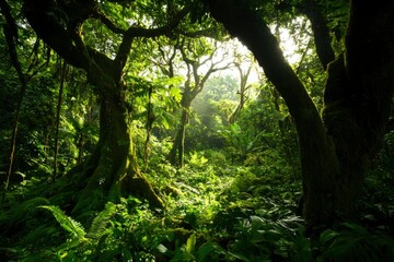 Fototapeta premium Sunlight filters into a lush, green tropical forest. Environmental ad background