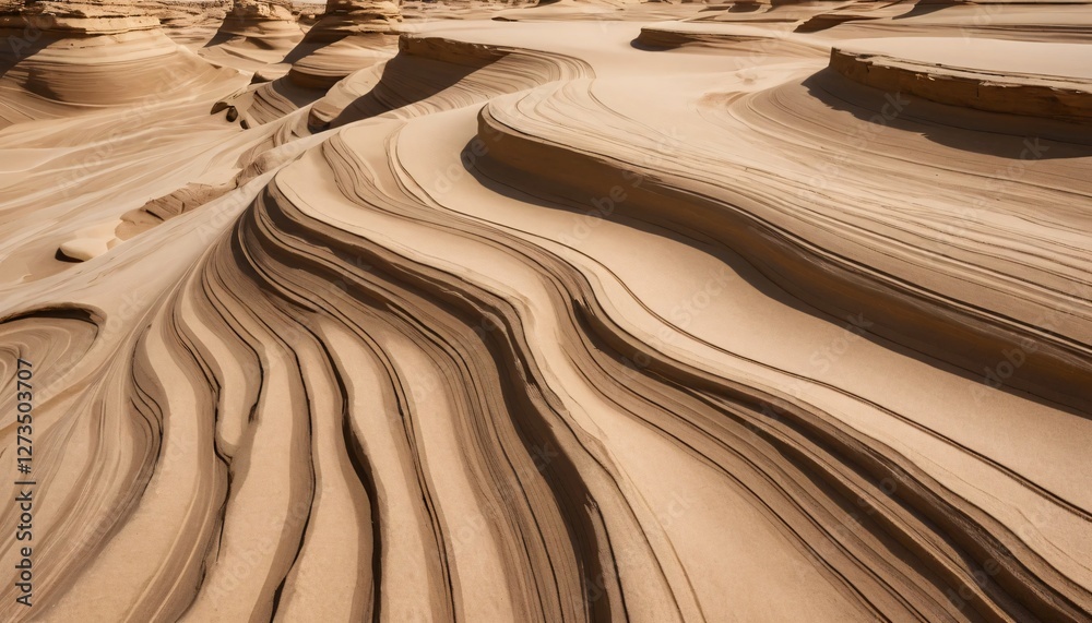 Poster Sand Dune Serenity. Flowing Sand Formations Create Stunning Wavy Patterns. Light Accentuates Textures. Evokes Peace and the Power of Nature. Perfect for Travel, Nature, and Artistic Projects.