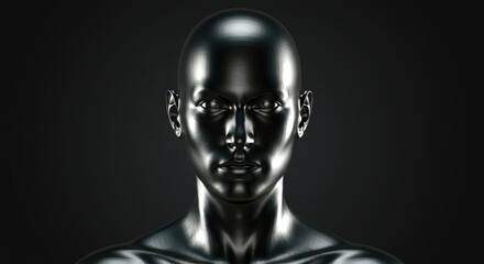 Shiny bald metallic human figure statue on dark background