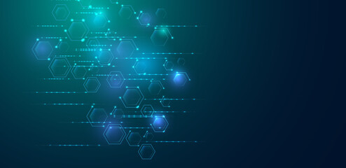 Obraz premium Medical background research, connecting lines, and dot hexagons on a green background. Vector editable