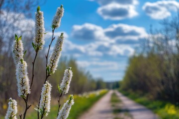 Naklejka premium A dirt road runs through the center of a green field, surrounded by crops and wildflowers