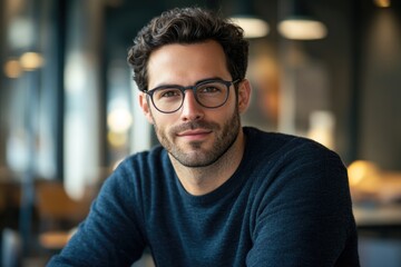 Obraz premium A man sits at a table wearing glasses and looking focused