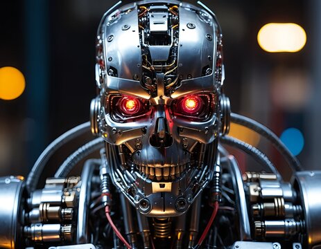 Close-up of a Futuristic Terminator-Style Robot Head
