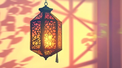 Illuminated Moroccan Lantern Hanging Against a Warm, Sunlit Background