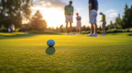 People golfer playing female male character golf course isolated on white, cartoon vector illustration. Ecological clean field, luxury sport activity people together impact training stick.
