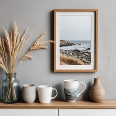 Cozy Home Interior with Coastal Print, Dried Flowers, and Mugs