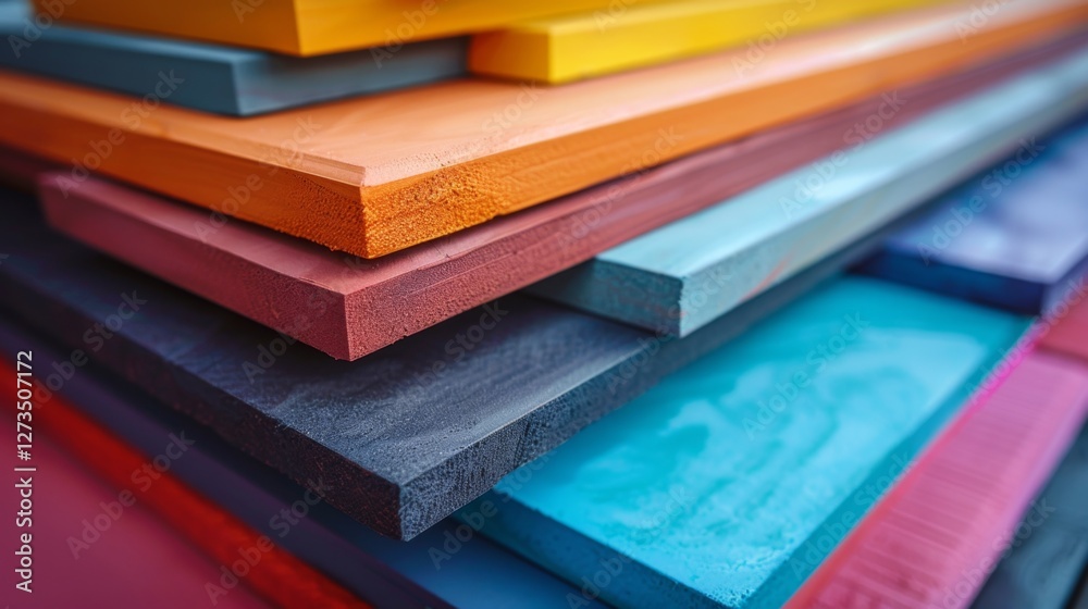 Poster assorted wooden boards in various bright colors are neatly stacked, showcasing an inviting artistic 