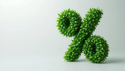 A green percentage sign icon formed by lush leaves against a white background. Depicts discount, sale, and nature. Ideal for eco-friendly, promotion, or design projects.