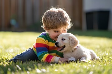 A joyful child cuddles a playful golden retriever puppy in a vibrant garden. Sunlight illuminates their laughter as they frolic in the grass on a warm day.