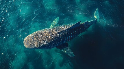 Minimalist top down view of a majestic whale shark gracefully gliding through crystal clear ocean waters with soft shadows and elegant simplicity creating a serene tranquil