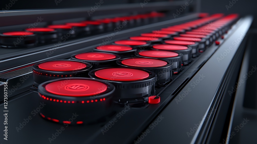 Poster futuristic red-lit cylindrical control panel with multiple illuminated buttons