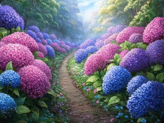 Obraz premium Hydrangea path, forest, spring, flowers, sunlight, tranquil scene, nature, idyllic