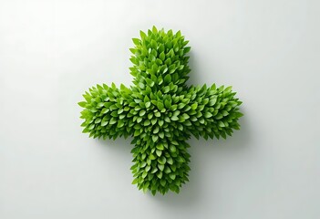 A green plus sign icon formed by lush leaves against a white background. Depicts addition, positive, and nature. Ideal for eco-friendly, medical, or design projects.