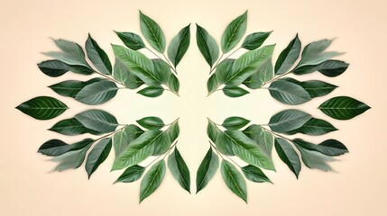 A natural design with lush green leaves arranged in a symmetrical pattern on a pastel-colored background