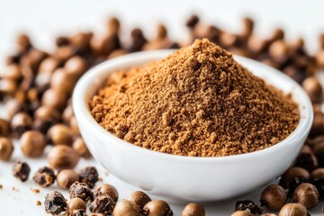A white bowl filled with brown sugar sits next to a pile of nuts, perfect for baking or snacking