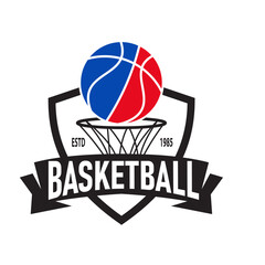 Basketball logo emblem concept in the form of a shield with ribbon suitable for basketball clubs, tournaments, or sports communities.