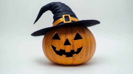 A decorative wooden pumpkin with a witch hat on it, perfect for autumn or Halloween-themed designs