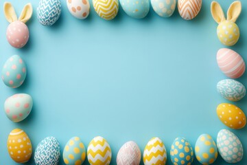 A concept for an Easter party: a top-down photo of Easter bunny ears and white, pink, blue, and yellow eggs on an isolated pastel blue background with space in the center