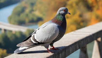 Rock Pigeon Perched on a Railing with Autumnal Background