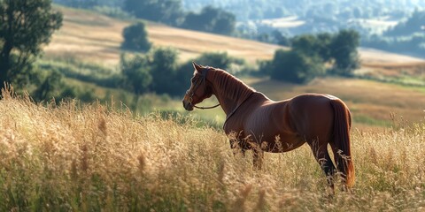 A majestic brown horse stands amidst golden-brown grass, gazing rightward, exuding elegance in serene natural beauty