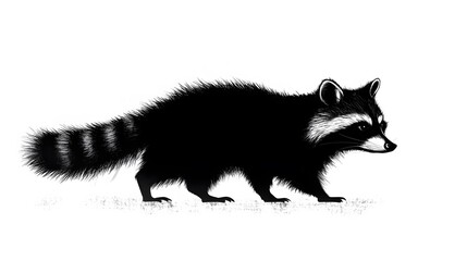 Obraz premium An illustration featuring a black raccoon silhouette set against a clean white background showing a raccoon with detailed tail and posture, symbolizing curiosity and adaptability.