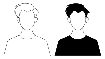  A profile illustration of a man's silhouette with short hair. An outline young man profile illustration. A black and white male avatar picture. An illustration of a man in a t-shirt.
