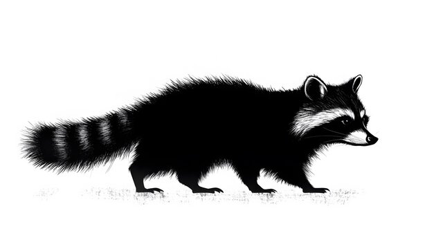 An illustration featuring a black raccoon silhouette set against a clean white background showing a raccoon with detailed tail and posture, symbolizing curiosity and adaptability.