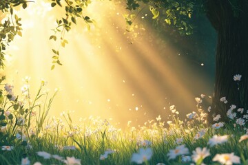 Obraz premium Sunbeams illuminate a field of wildflowers.