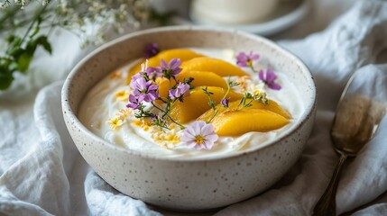 A Mother&rsquo;s Day breakfast-in-bed presentation featuring a gourmet bowl of grilled peaches and Greek yogurt with delicate edible flowers