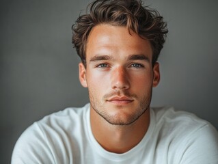 Fototapeta premium Portrait of a young man with curly hair and blue eyes, wearing a white shirt, against a neutral gray background, conveying confidence and calm