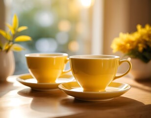 Fototapeta premium Two Yellow Tea Cups on Wooden Table in Sunny Window