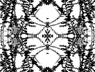 Abstract seamless black and white kaleidoscope pattern background, monochrome ivy leaves and branches effect texture. design for background, rug, wallpaper, clothing, wrap, textile,fabric,embroidery