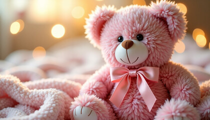 Pink teddy bear with ribbon on cozy blanket background