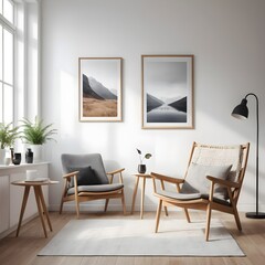 Cozy Minimalist Living Room Interior with Wooden Chairs and Landscape Prints