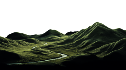 Mountain range with river winding through green valley isolated on transparent white background