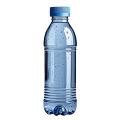 Clear plastic water bottle with blue lid, reusable design isolated on transparent background.png