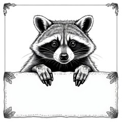 Raccoon Holding Blank Sign, Black and White Illustration