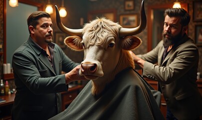 A quirky scene in a vintage barbershop featuring two barbers grooming a cow, blending humor with traditional craftsmanship. Ideal for creative marketing and advertising.