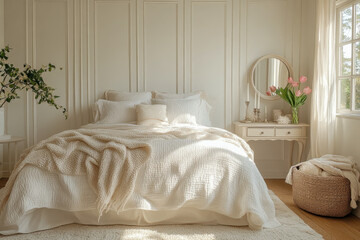 Bright and airy minimalist bedroom with a cozy white bed and soft natural light