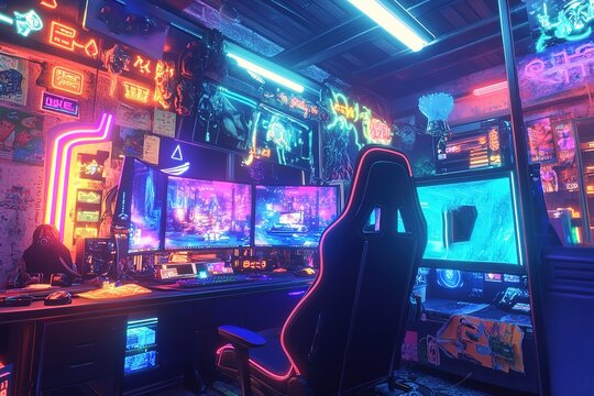 Neon Dreams: A vibrant gaming room bathed in electric hues, showcasing a sleek computer setup and immersive gaming atmosphere. Perfect for tech, gaming, and lifestyle projects. High-quality image     