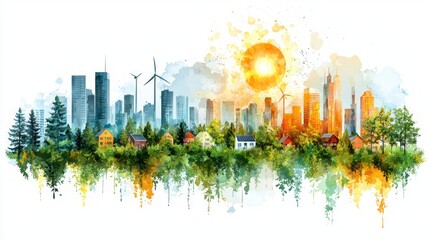 Watercolor city landscape with renewable energy, nature and houses. Possible use Stock photo for environmental awareness