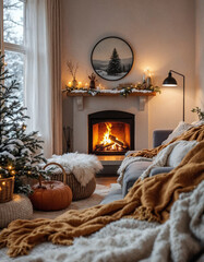Cozy Scandinavian living room interior during a snowy winter evening, showcasing a fireplace with a crackling fire, warm woolen blankets draped over a gray sofa, and soft, ambient lighting from a floo