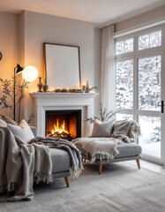 Cozy Scandinavian living room interior during a snowy winter evening, showcasing a fireplace with a crackling fire, warm woolen blankets draped over a gray sofa, and soft, ambient lighting from a floo