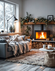 Cozy Scandinavian living room interior during a snowy winter evening, showcasing a fireplace with a crackling fire, warm woolen blankets draped over a gray sofa, and soft, ambient lighting from a floo